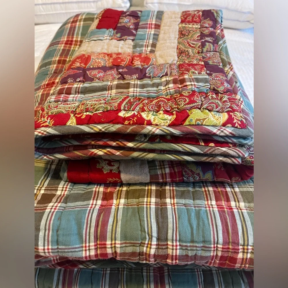 RARE Pottery Barn Vintage Log Cabin Christmas Patchwork Quilt Set- F/Q Multi